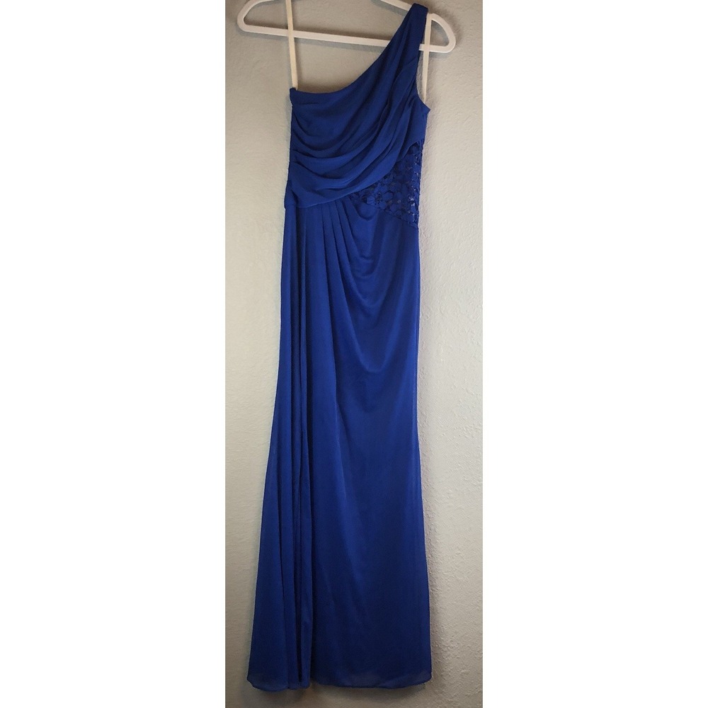 Davids Bridal Dress Womens Size 2 Blue Formal One Shoulder Sleeveless Lace Inset